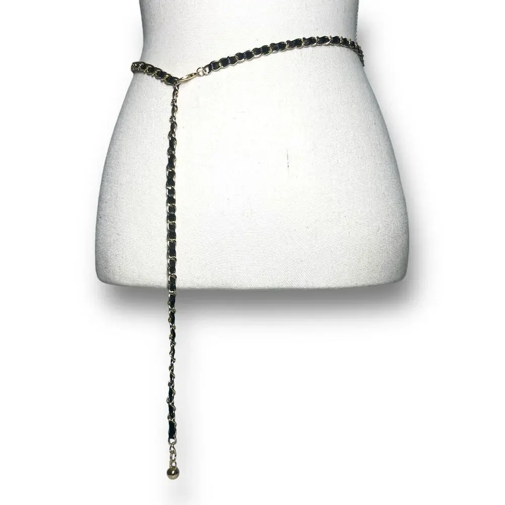 Gold Black Chainlink Statement Belt Career Evening Dangling Charm Adjustable